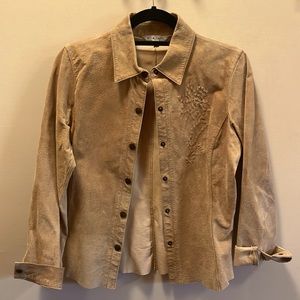 CAbi, 100% leather tan/light brown jacket with flower pattern on R chest, size S
